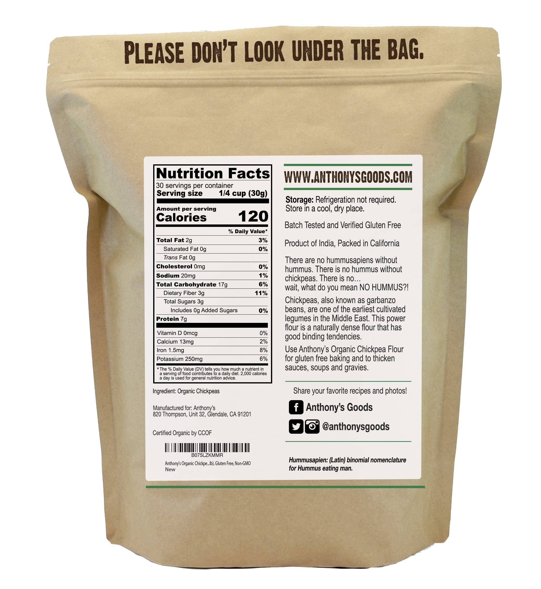 Anthony's Organic Chickpea Flour ingredients label shows organic, non-GMO content