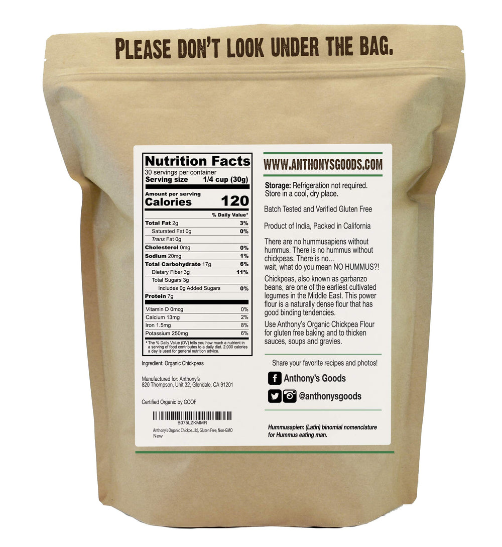 Anthony's Organic Chickpea Flour ingredients label shows organic, non-GMO content