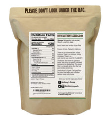 Anthony's Organic Chickpea Flour ingredients label shows organic, non-GMO content