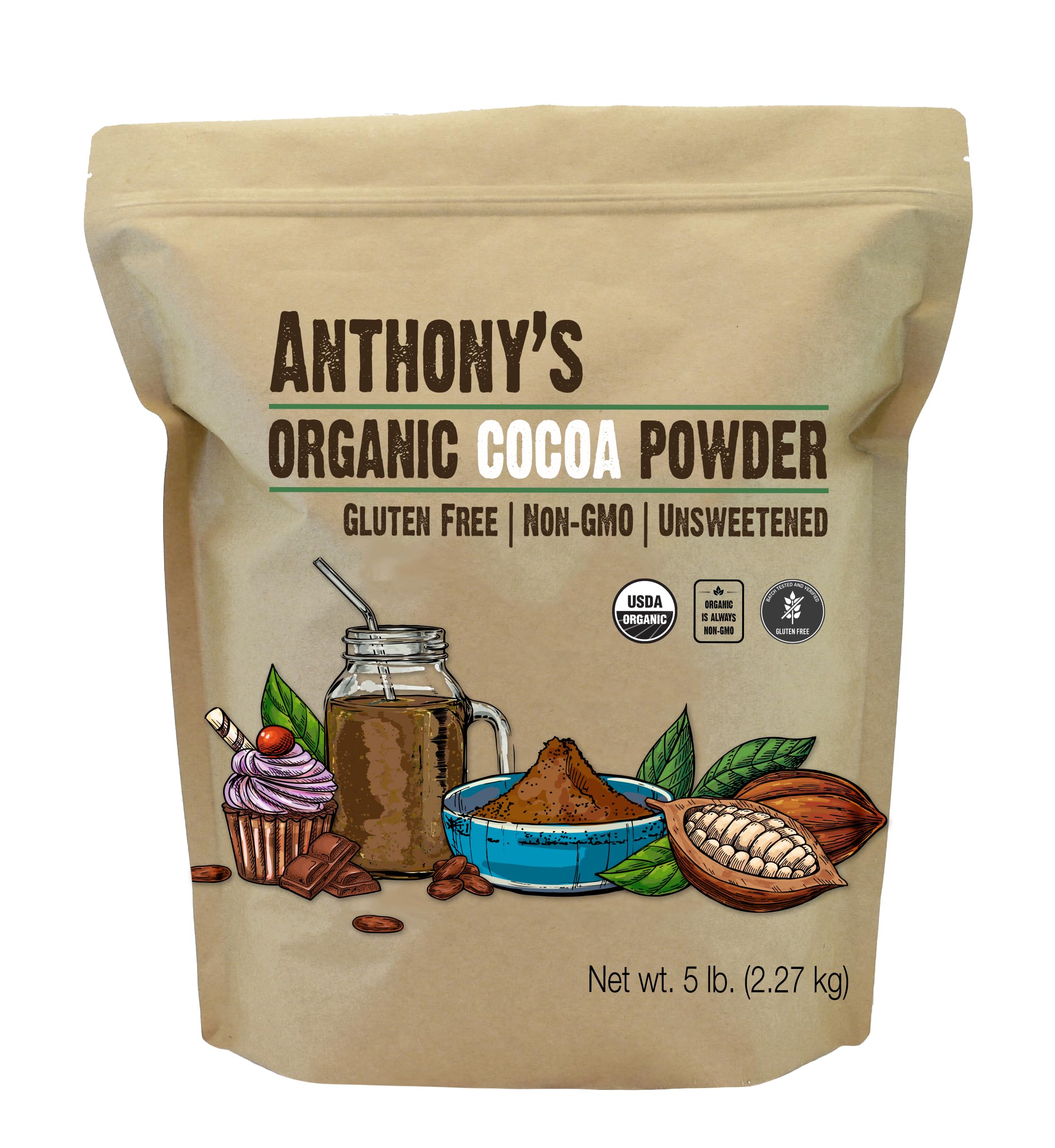 Anthony's Organic Cocoa Powder 5lb label, gluten-free baking option