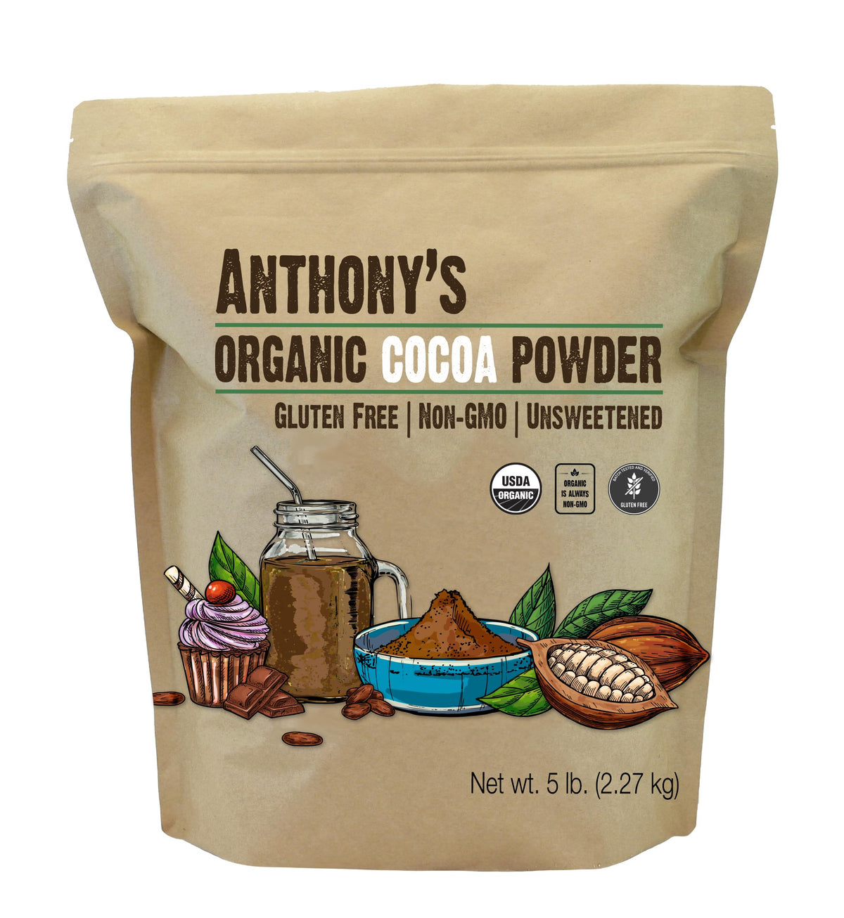 Anthony's Organic Cocoa Powder 5lb label, gluten-free baking option