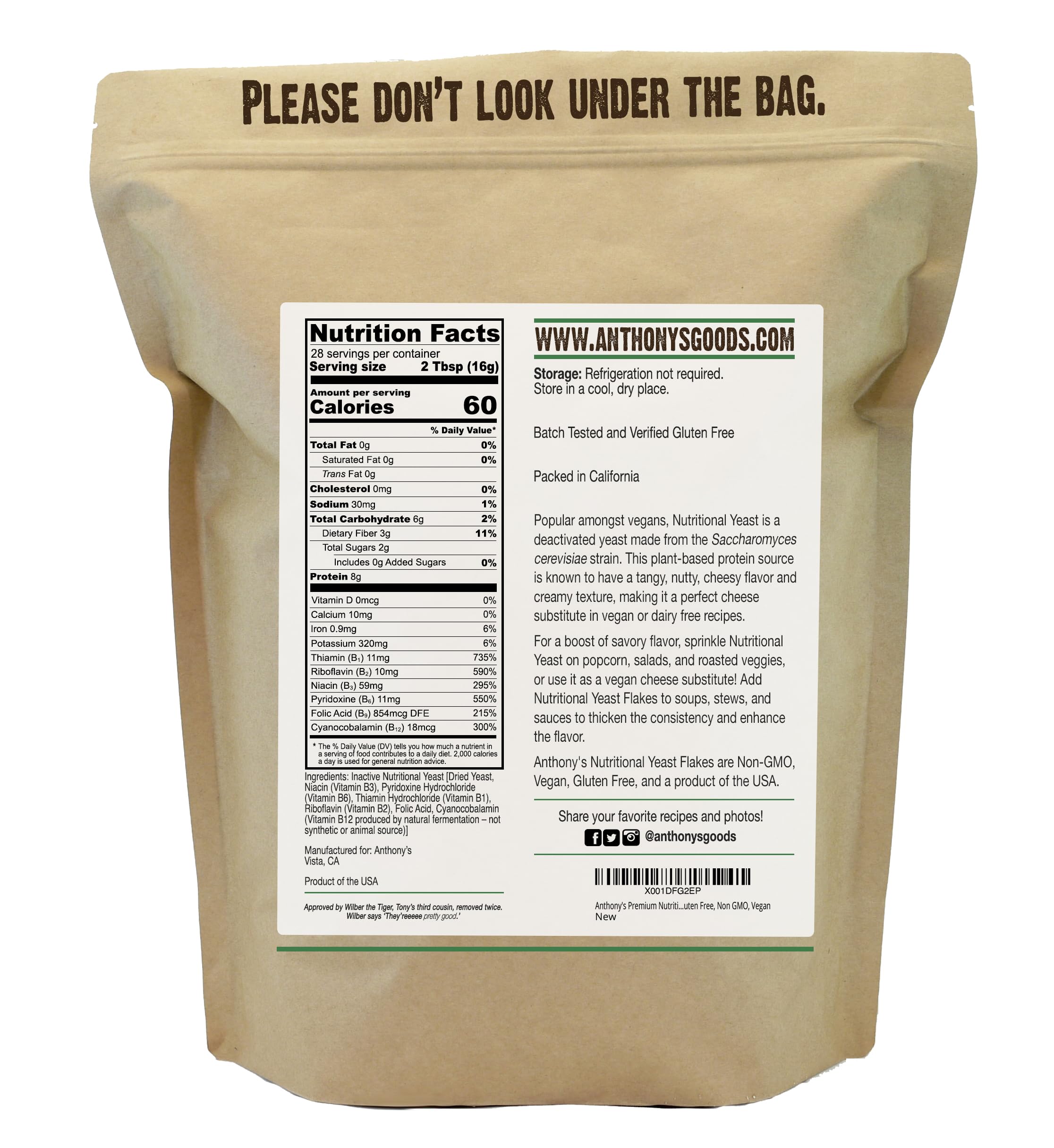 Anthony's Nutritional Yeast Flakes bag label showing gluten-free and non-GMO attributes.