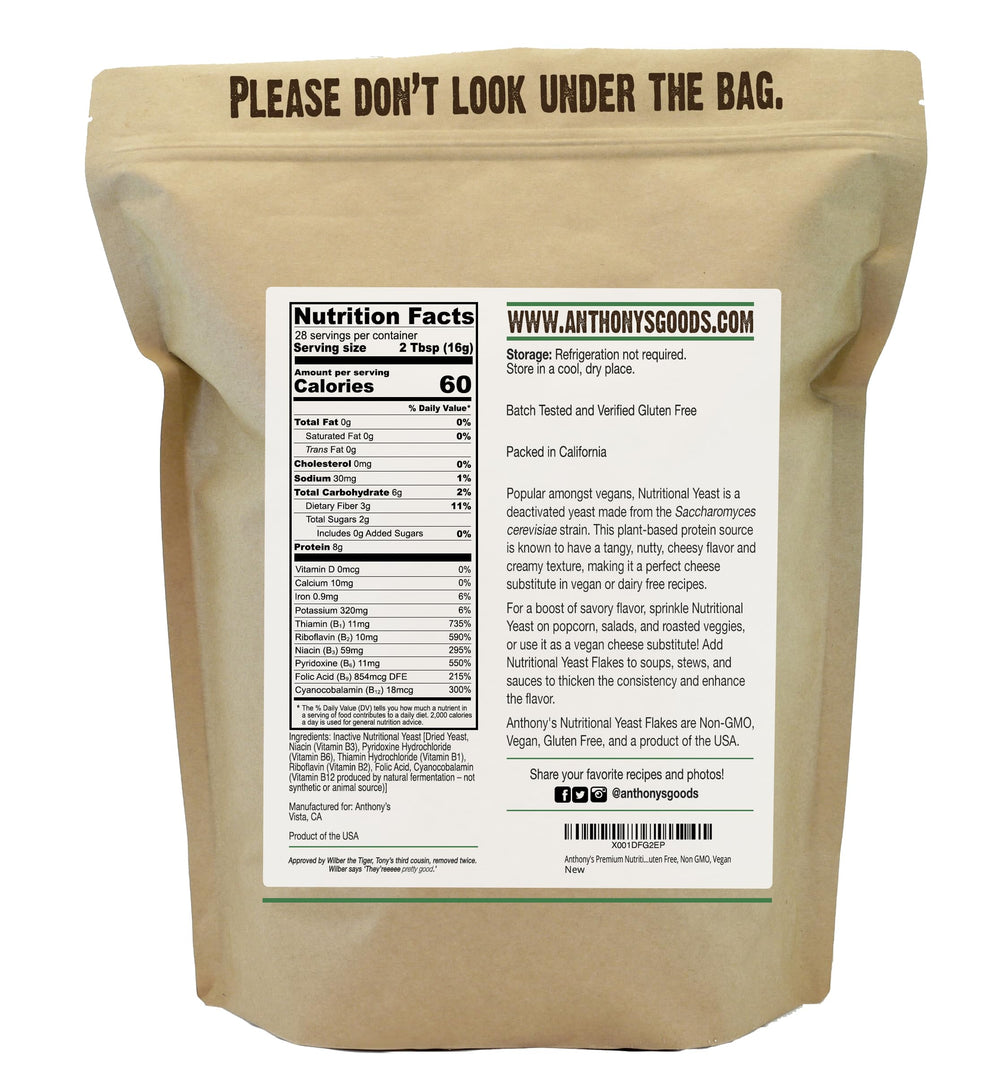 Anthony's Nutritional Yeast Flakes bag label showing gluten-free and non-GMO attributes.