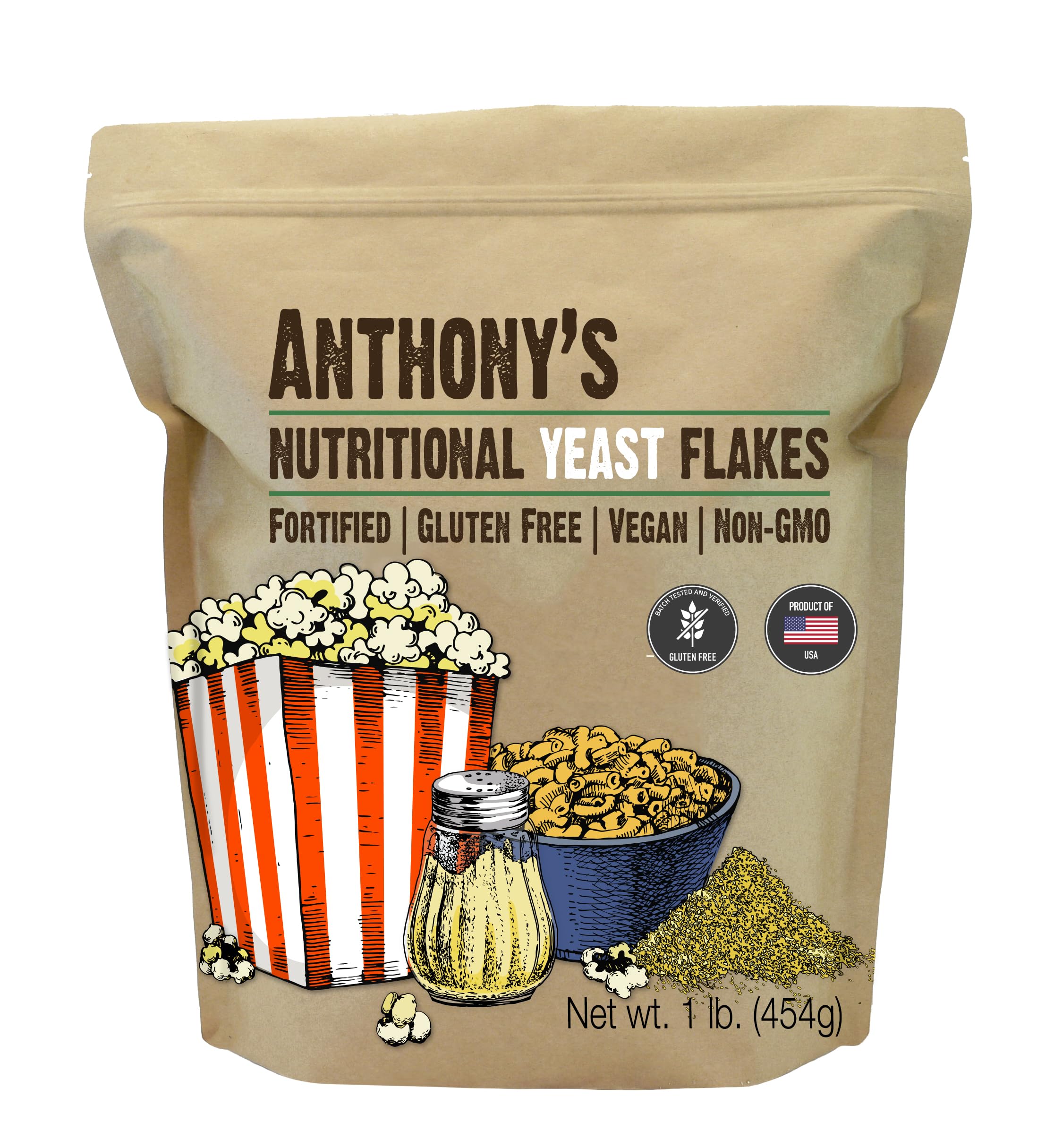 Anthony's Nutritional Yeast Flakes bottle close-up, fortified for vegan meals.