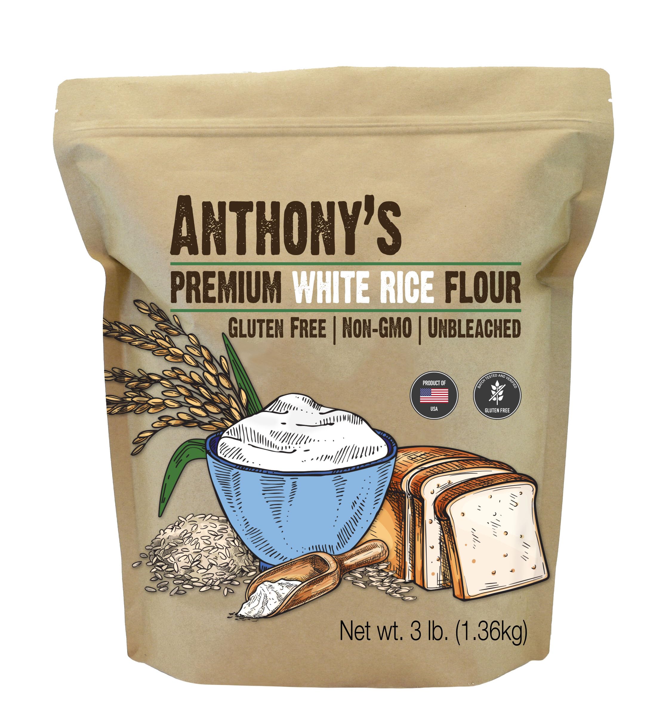 Anthony's Premium White Rice Flour packaging shows a 3 lb bag for gluten-free baking.
