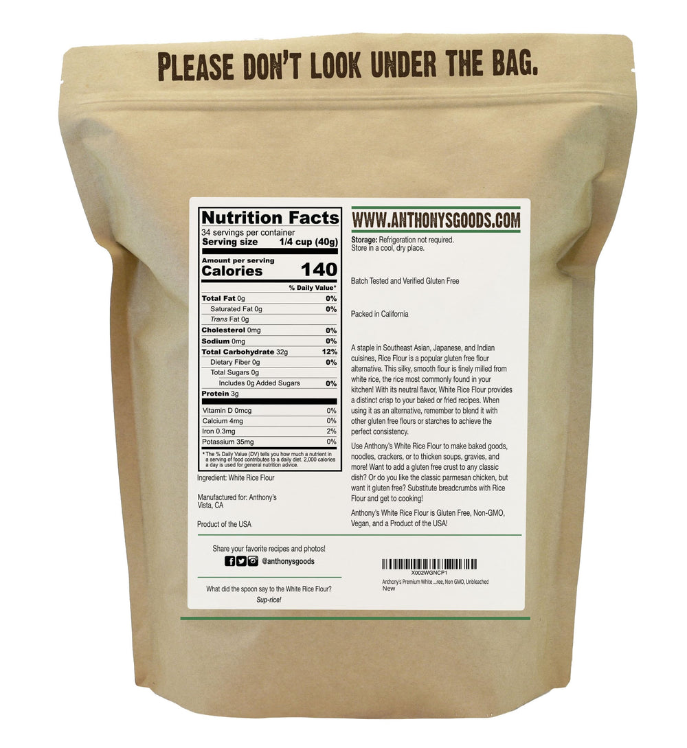 Close-up of Anthony's White Rice Flour fine powder for light, smooth batters.