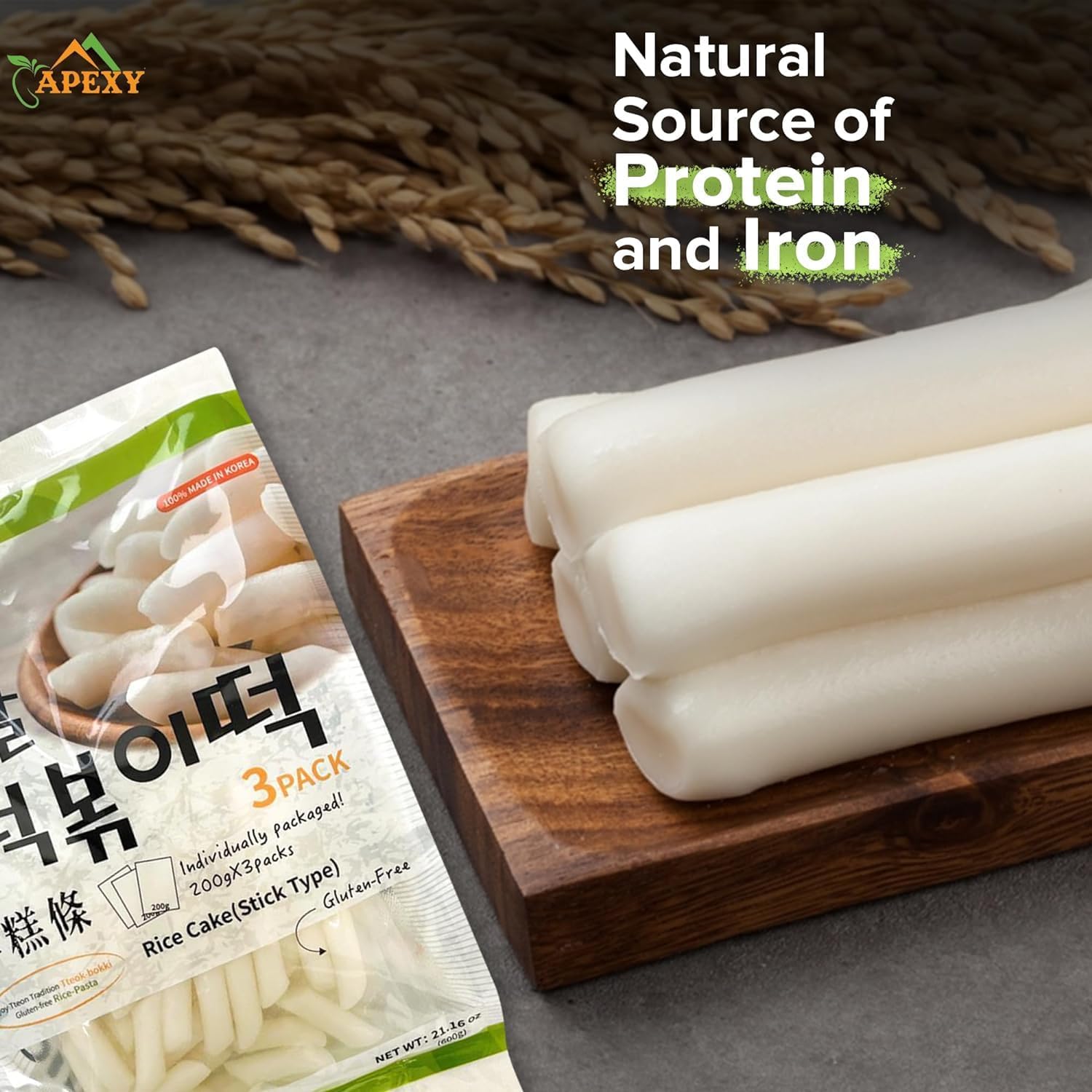 Apexy gluten-free Non-GMO label on packaging emphasizing clean ingredients.