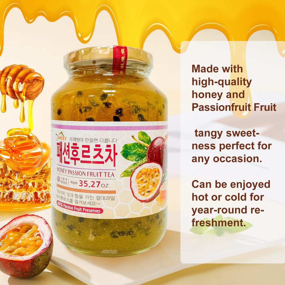 Close-up of passion fruit and honey highlighting natural flavor notes