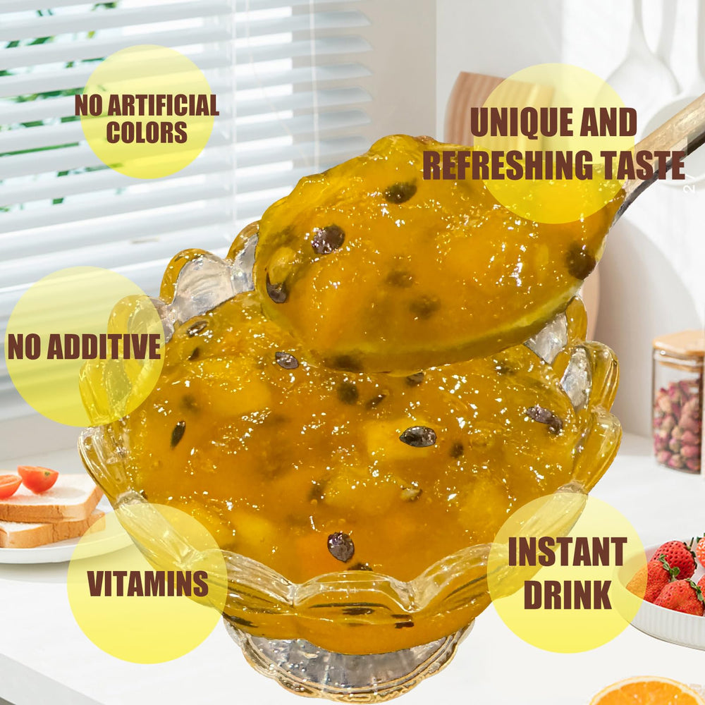 Apexy Korean Honey Passionfruit Mango Tea dessert topping on yogurt or ice cream.