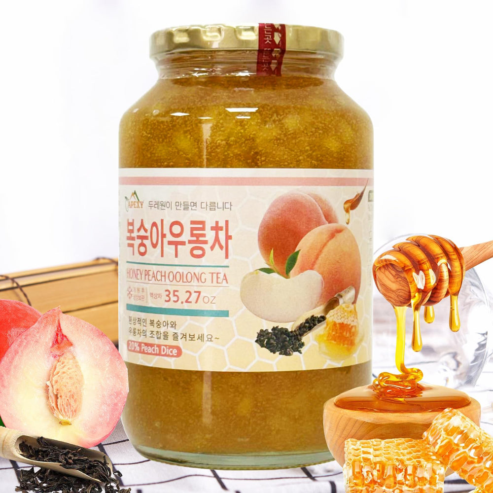 APEXY Honey Peach Oolong Tea fruit-closeup emphasizes natural flavor and no artificial colors.