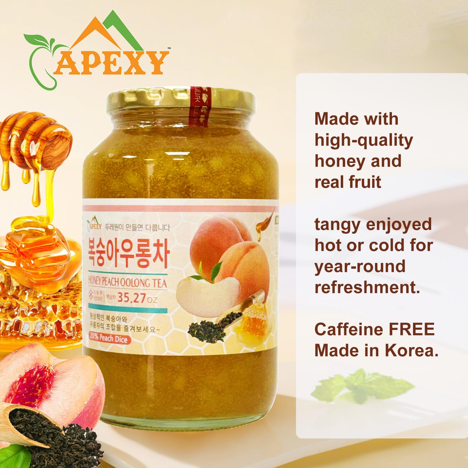 APEXY Honey Peach Oolong Tea pouring into cup signals a soothing tea moment.