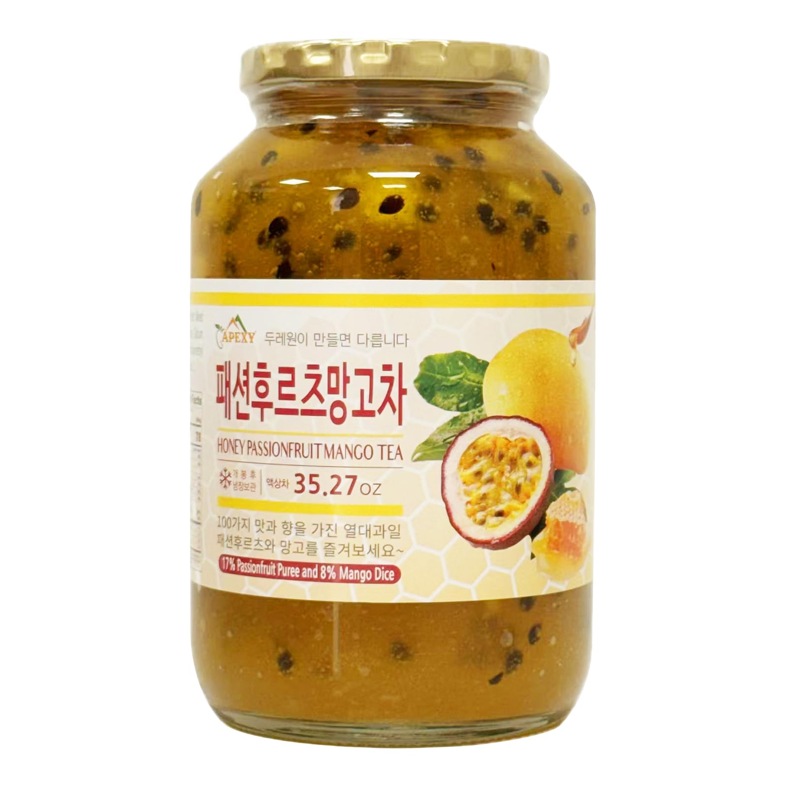 Apexy Korean Honey Passionfruit Mango Tea bottle showcases real fruit flavor for cozy moments.