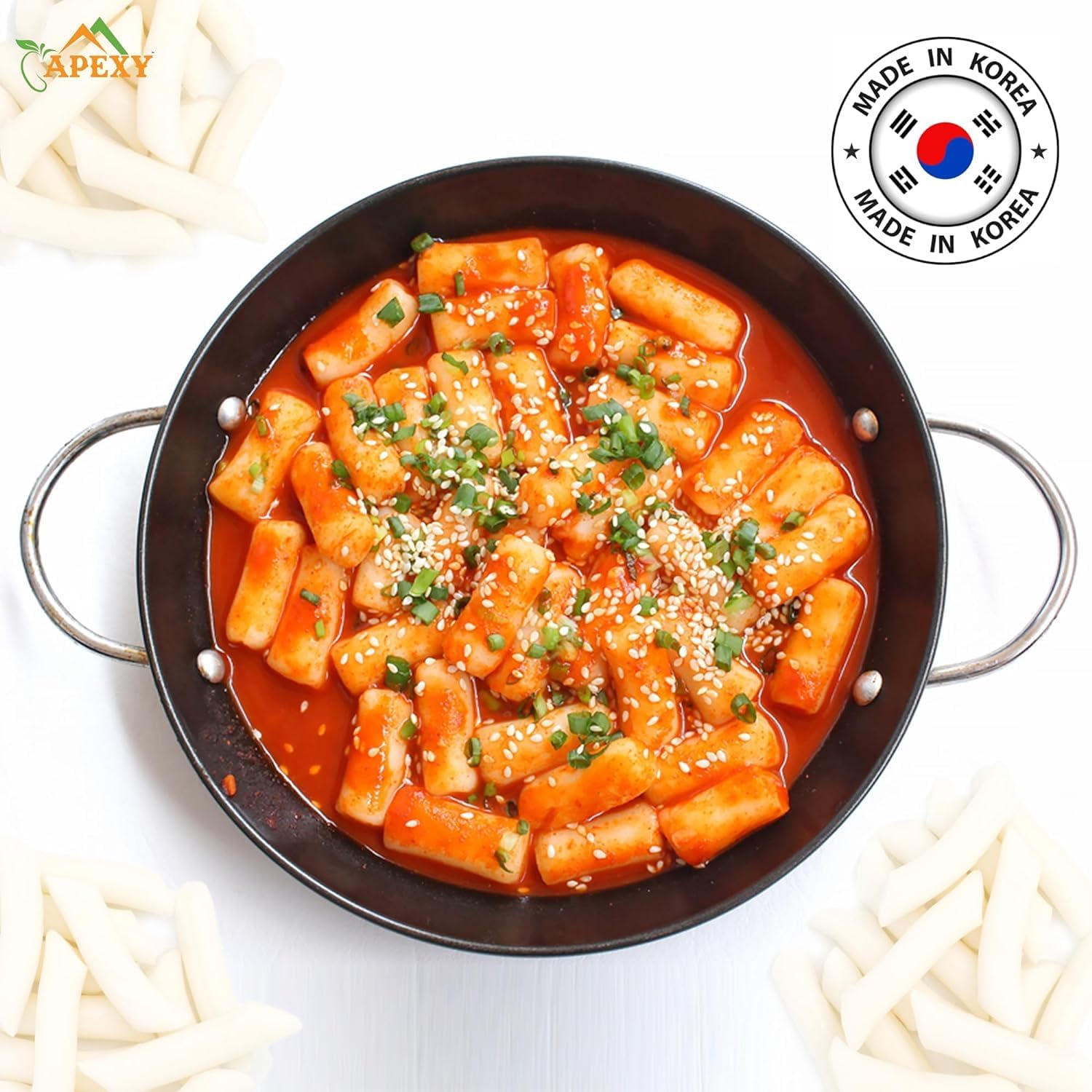 Apexy street-food style rice cake served with toppings, inspiring quick meals.