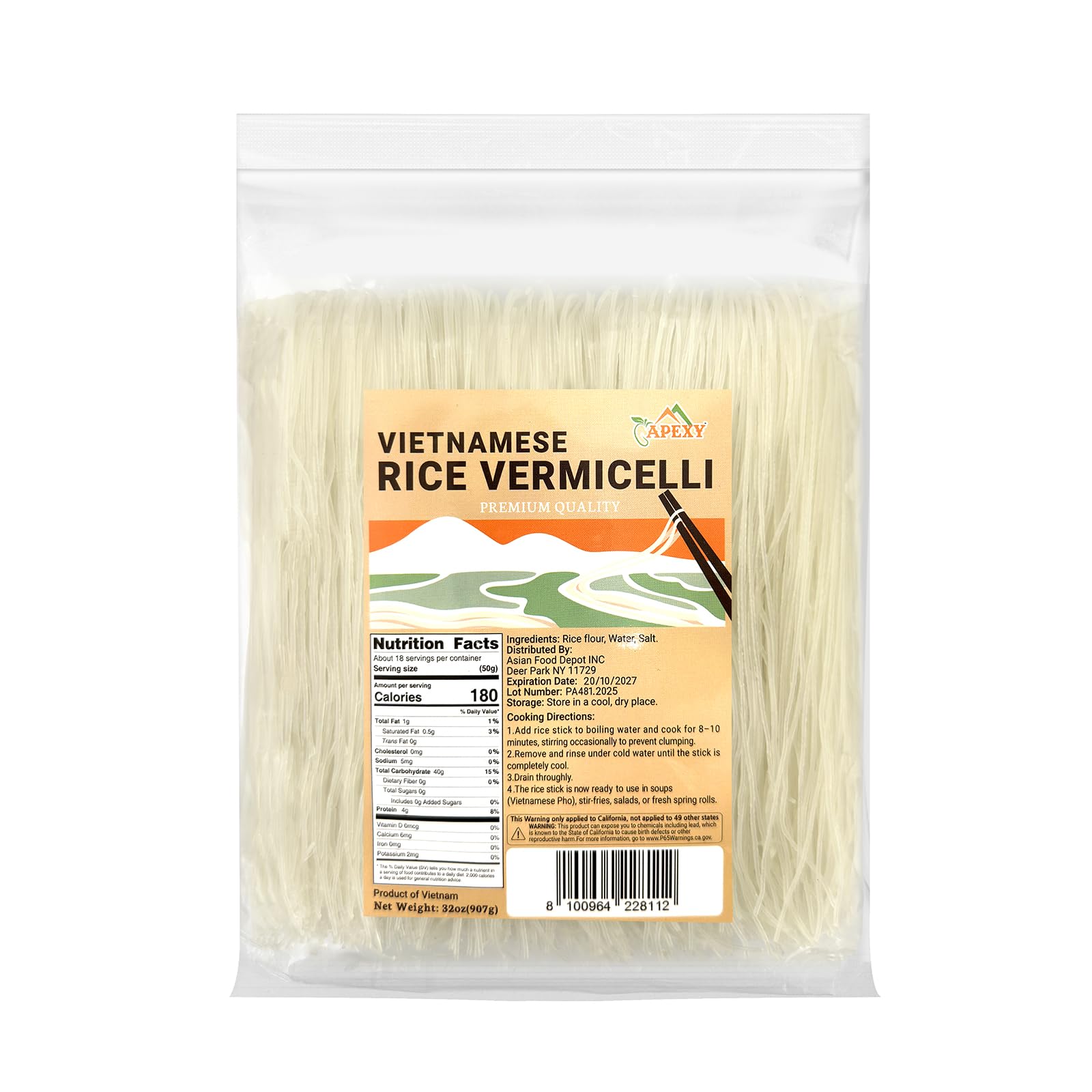 APEXY rice vermicelli 32oz packaging closeup for family meals and easy prep.