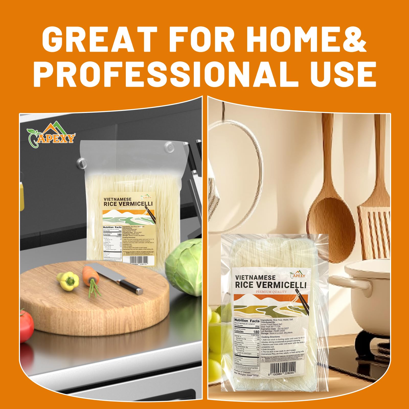 APEXY kitchen-use noodles layout demonstrates versatility for home and professional kitchens.