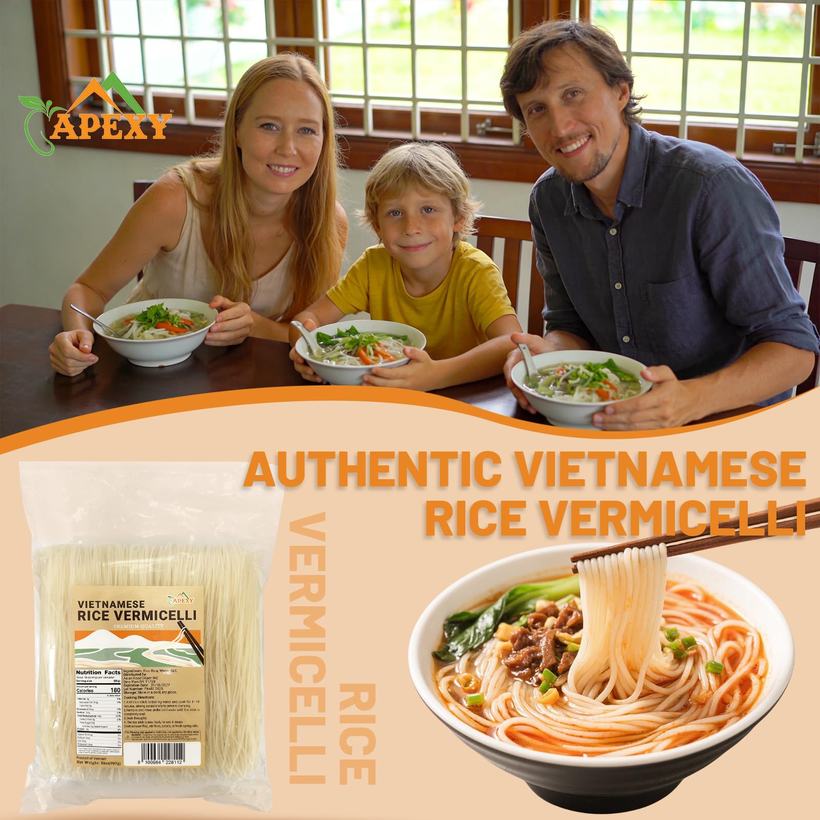 APEXY vermicelli raw noodles closeup suggests quick soaking and versatile meals.