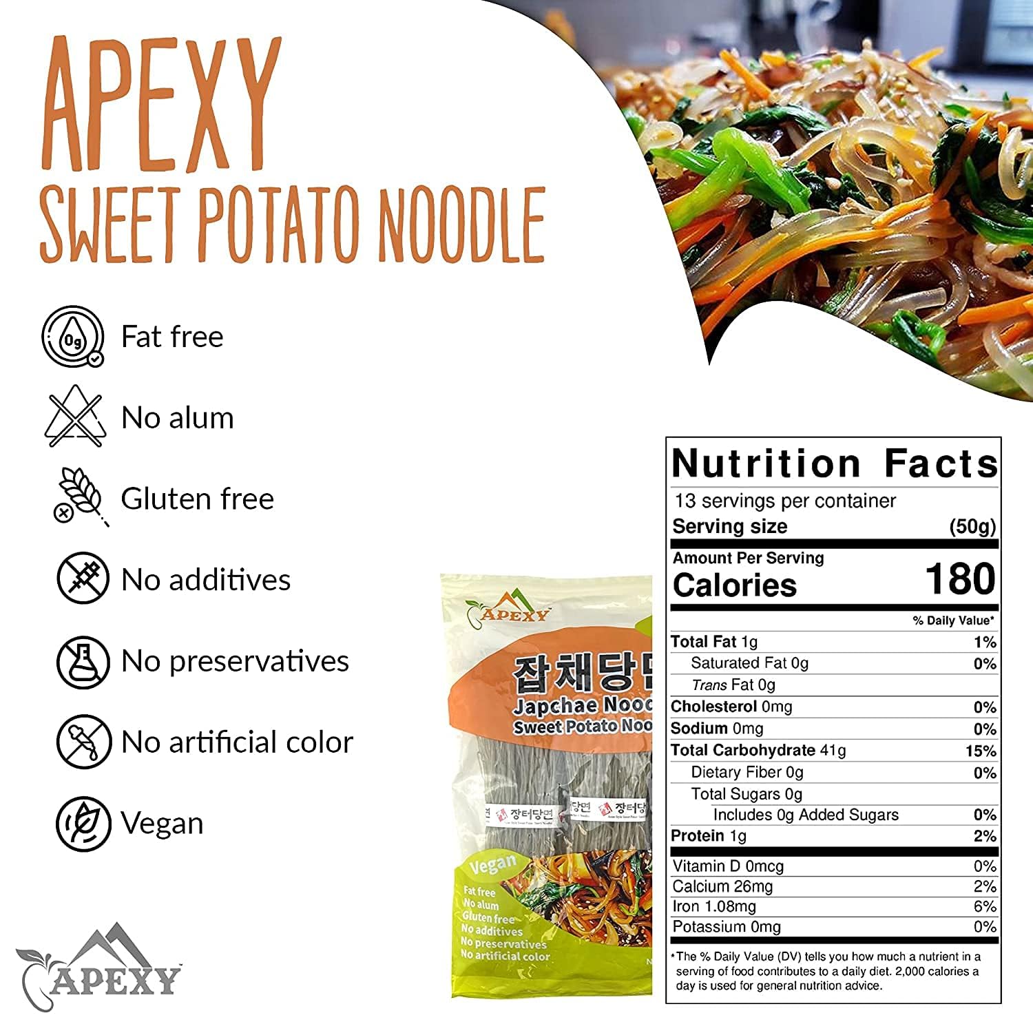 Cooked APEXY noodles on a plate with vegetables, chewy texture highlighted