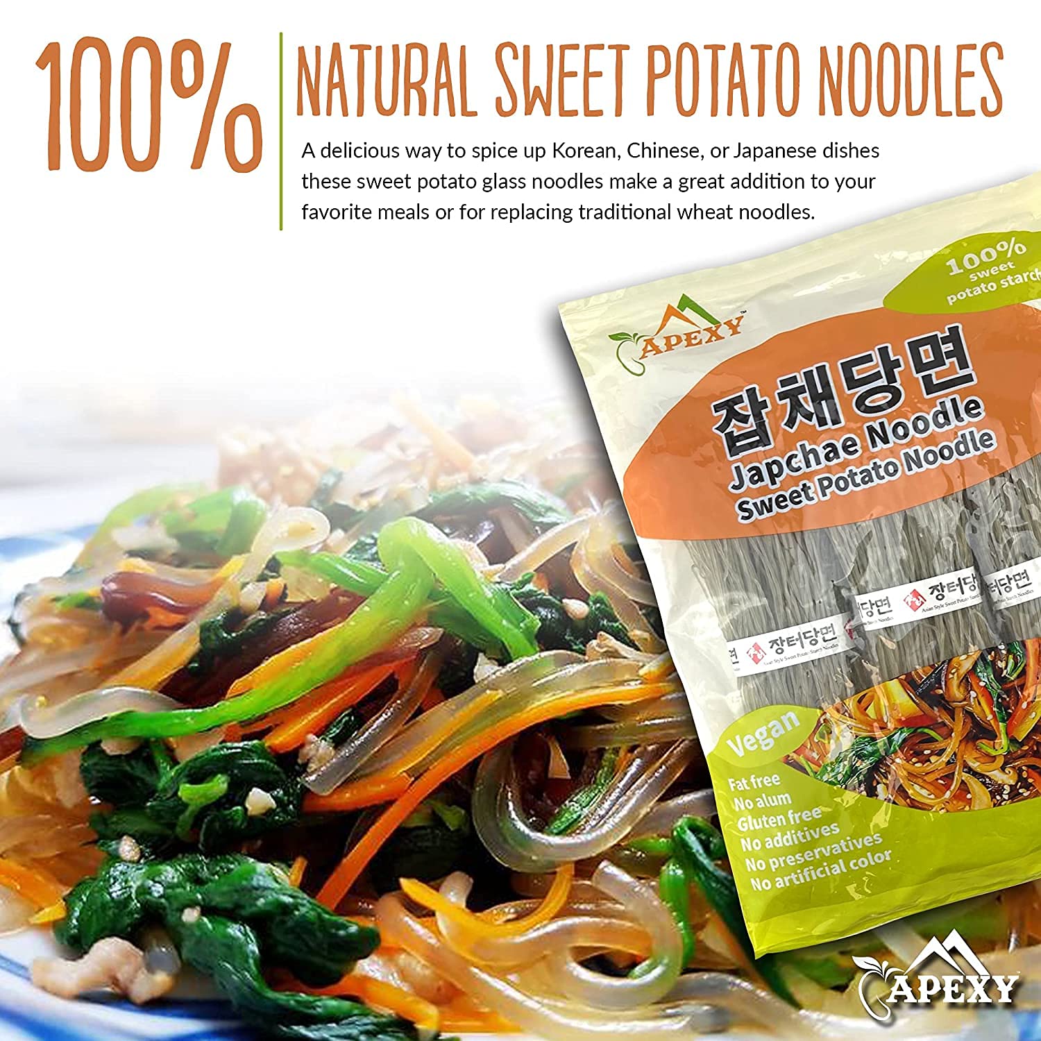 APEXY sweet potato glass noodles ready-to-stir in a pan.