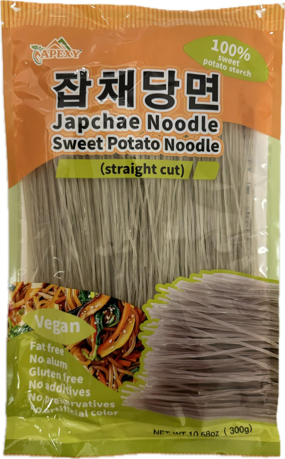 APEXY Sweet Potato Glass Noodles straight-cut in packaging for quick gluten-free meals.