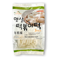 Apexy tteokbokki rice cake pack showcasing clean label packaging and family size.
