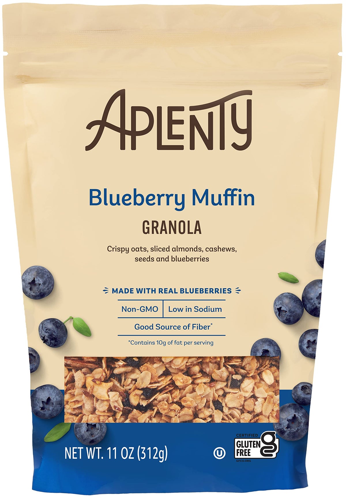 Aplenty Blueberry Muffin Loose Granola packshot showing real blueberries for a hearty breakfast