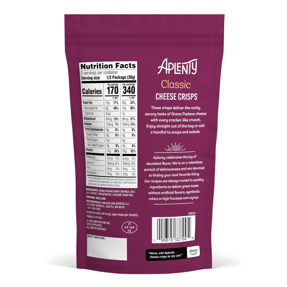 Aplenty Classic Cheese Crisps highlighting Grana Padano cheese in a savory bite.