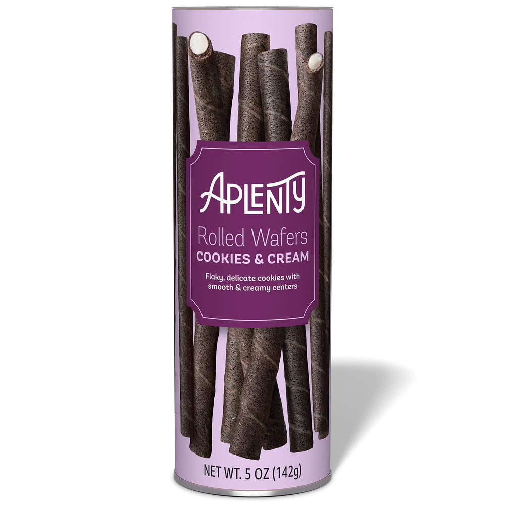 Aplenty Cookies & Cream rolled wafers package for convenient snacking