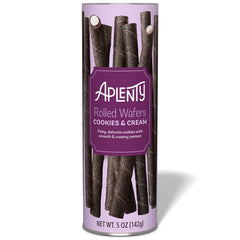 Aplenty Cookies & Cream rolled wafers package for convenient snacking