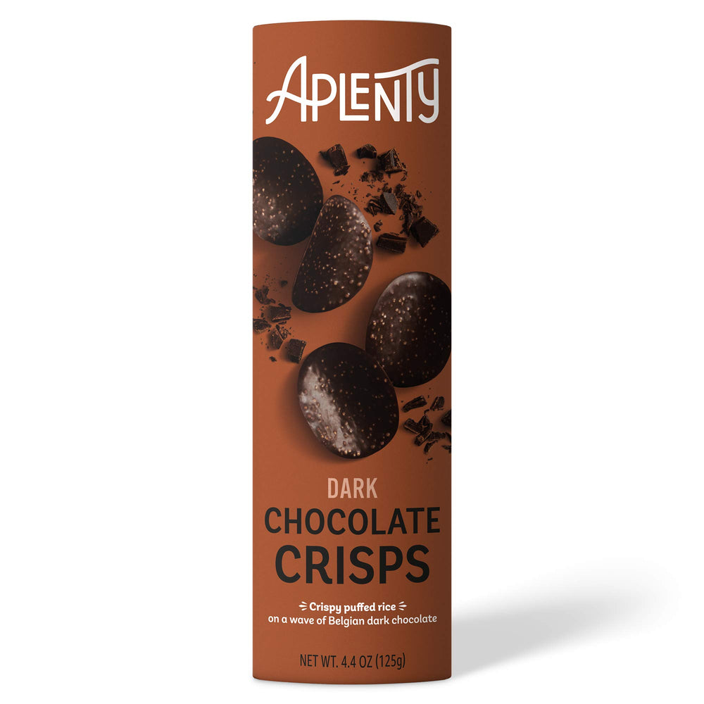 Aplenty Dark Chocolate Crisps pack shot showing rich Belgian chocolate and puffed rice crunch for after-dinner enjoyment