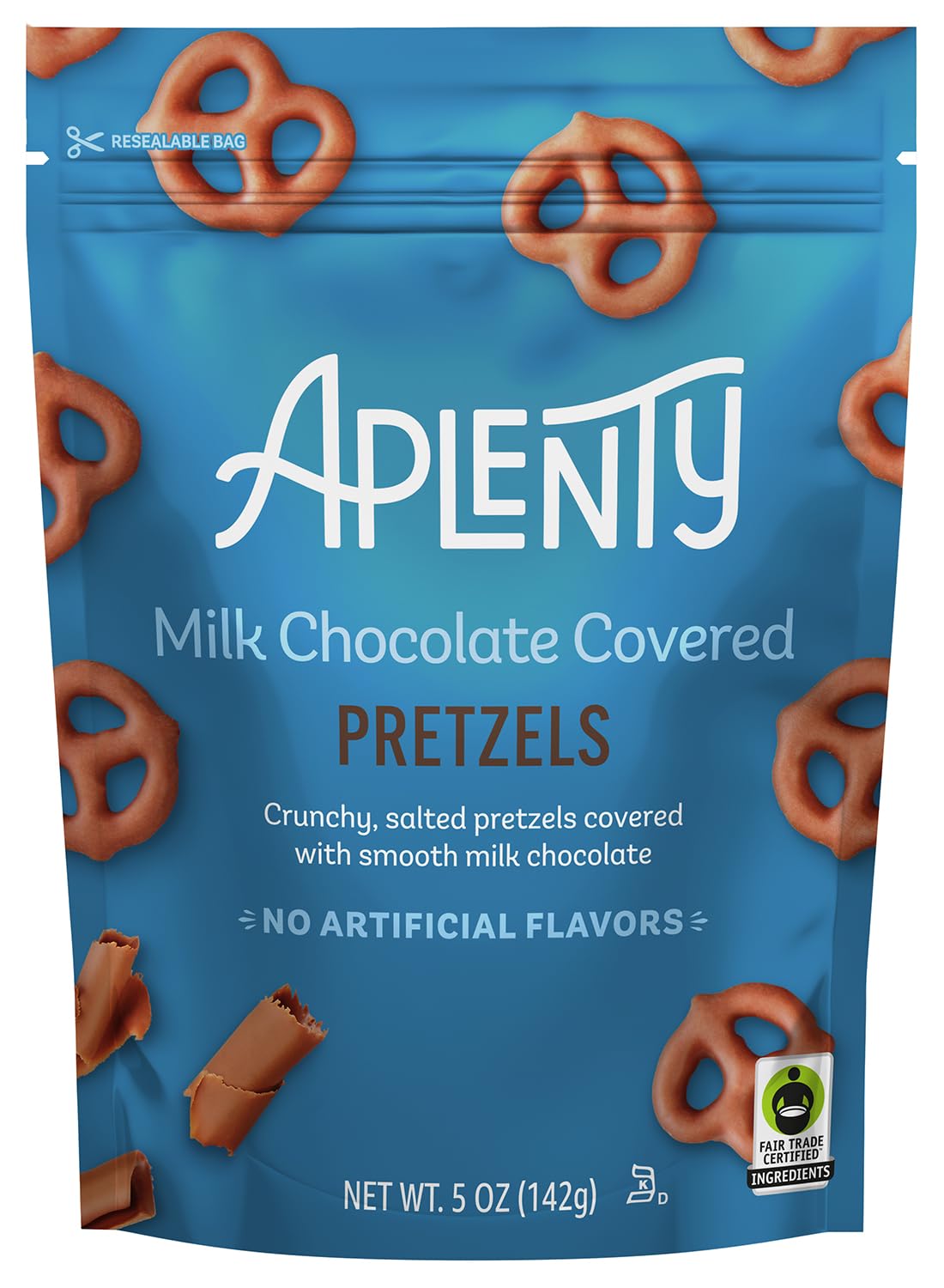 Aplenty Milk Chocolate Pretzels close-up of crunchy salted coating for a satisfying snack.