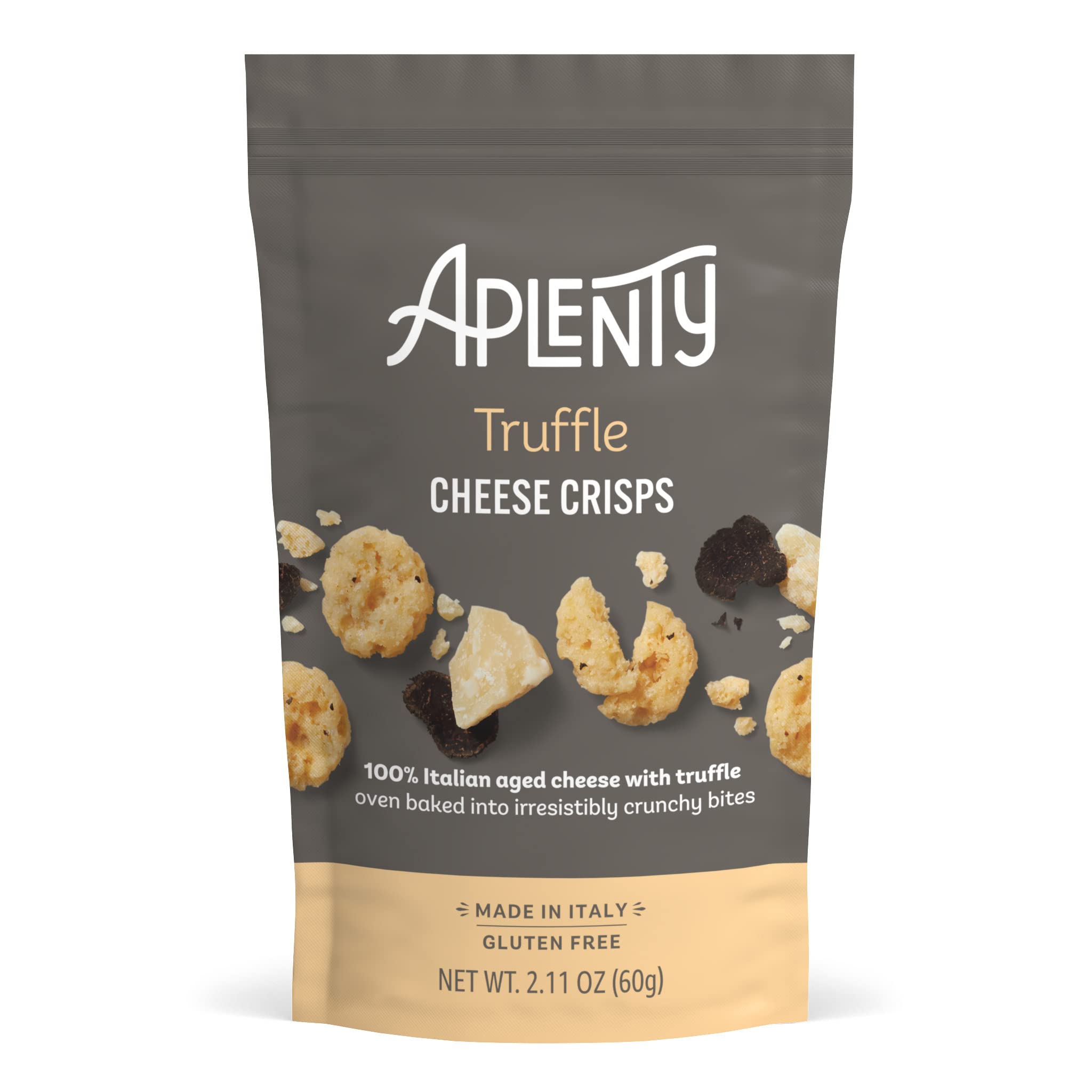 Aplenty Truffle Cheese Crisps packaging shows premium Italian ingredients for gourmet snacking