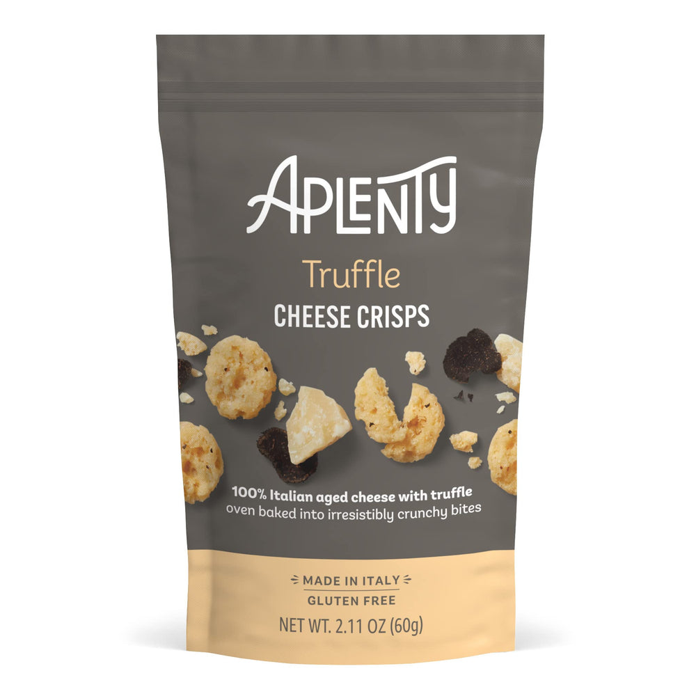 Aplenty Truffle Cheese Crisps packaging shows premium Italian ingredients for gourmet snacking