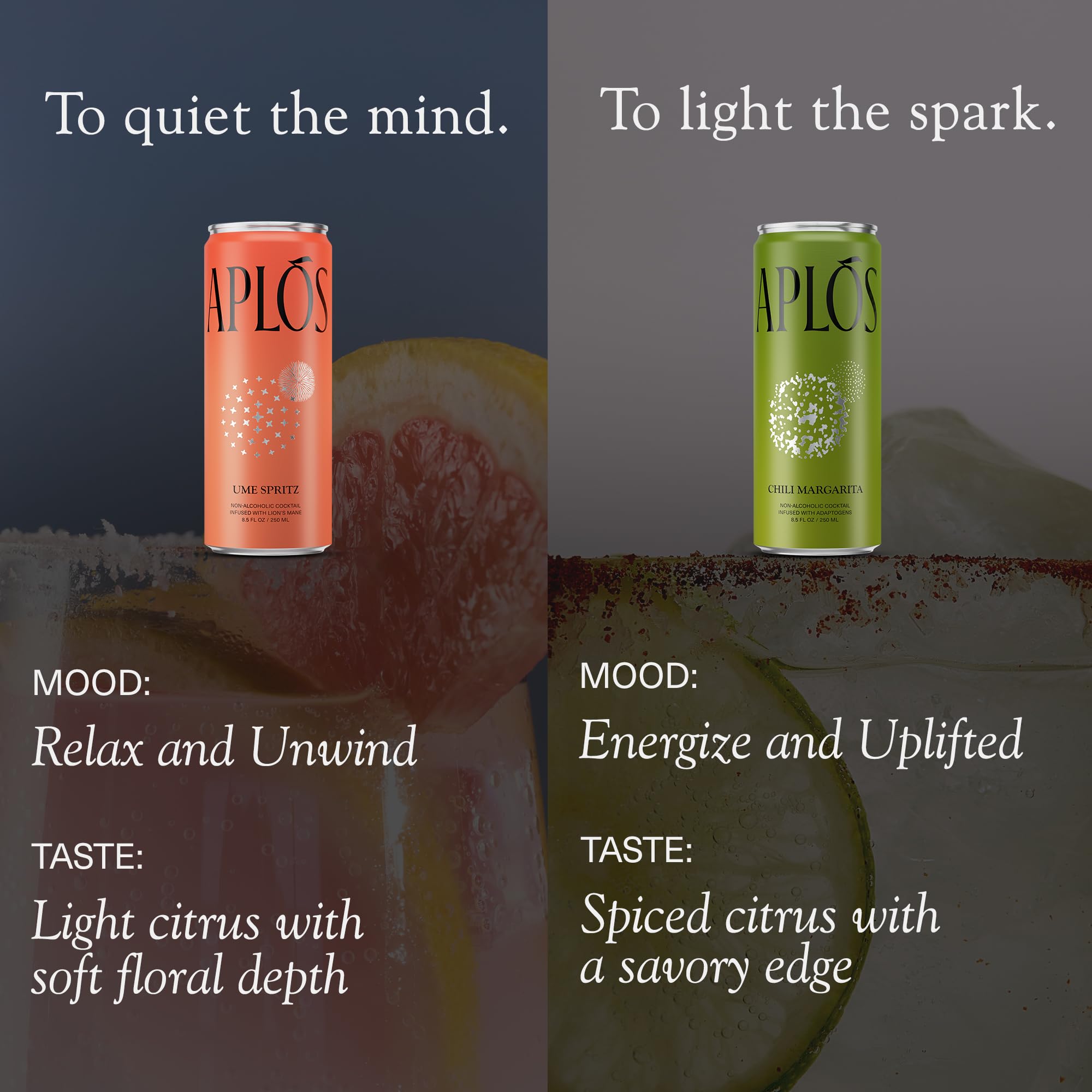 Front view of Aplós Variety Pack showing two flavors Ume Spritz and Chili Margarita.