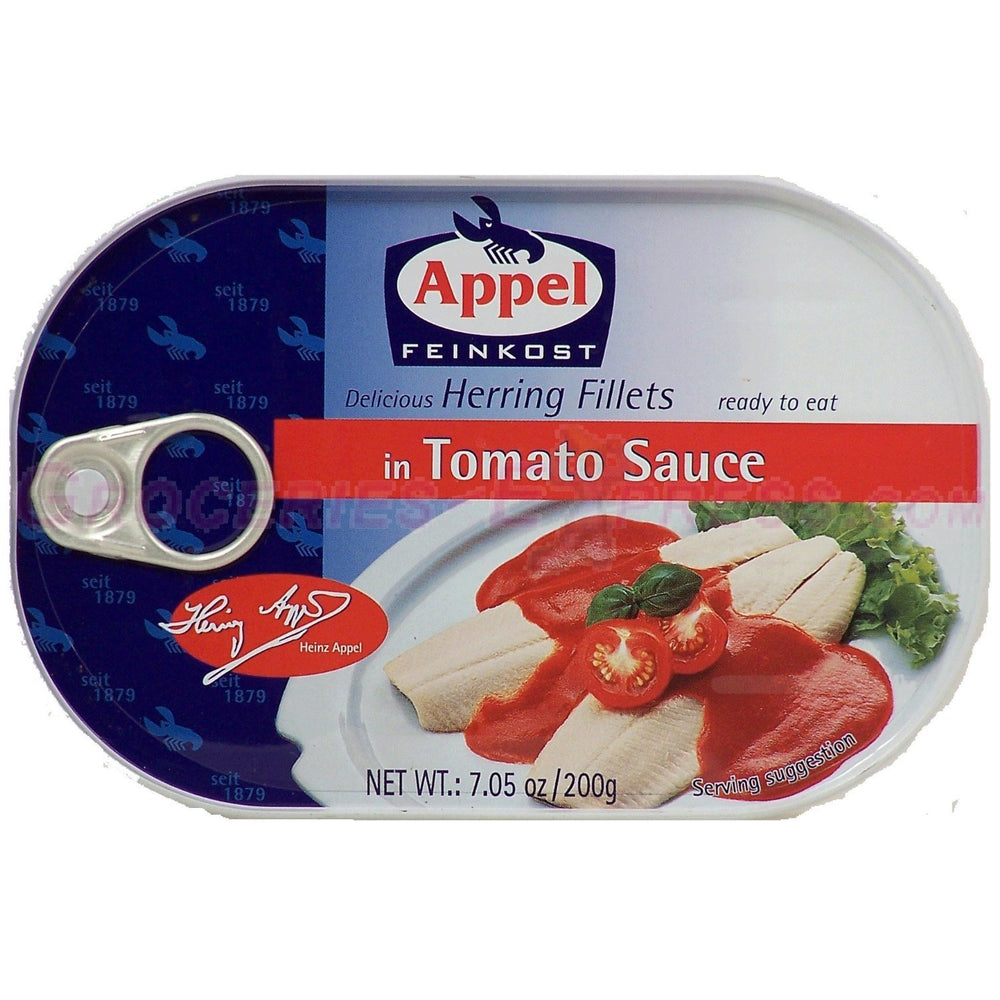 Appel herring in tomato sauce tin offers convenient, ready-to-eat protein for quick meals.