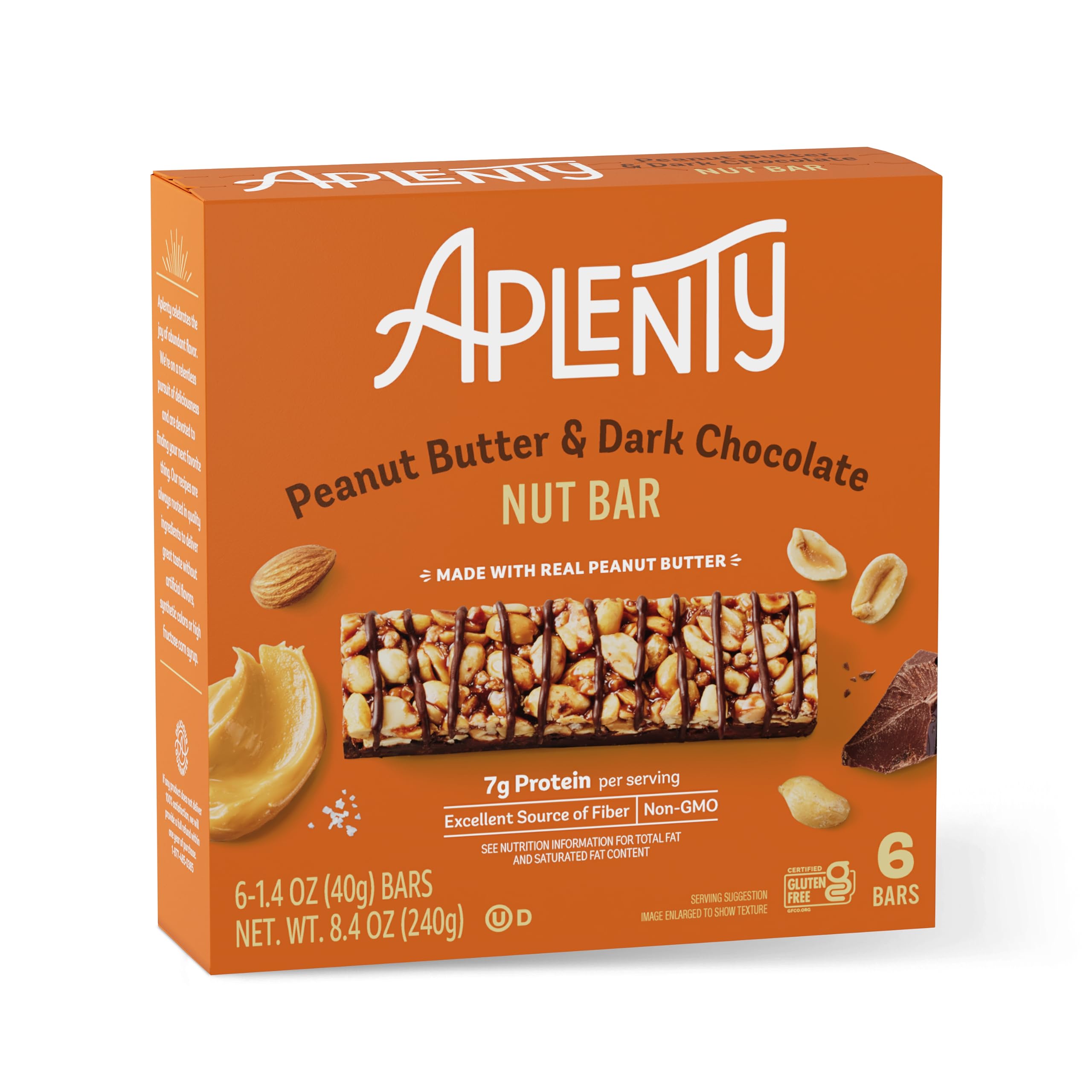 Aplenty dark chocolate peanut butter nut bar packaging shown for on-the-go snacking.