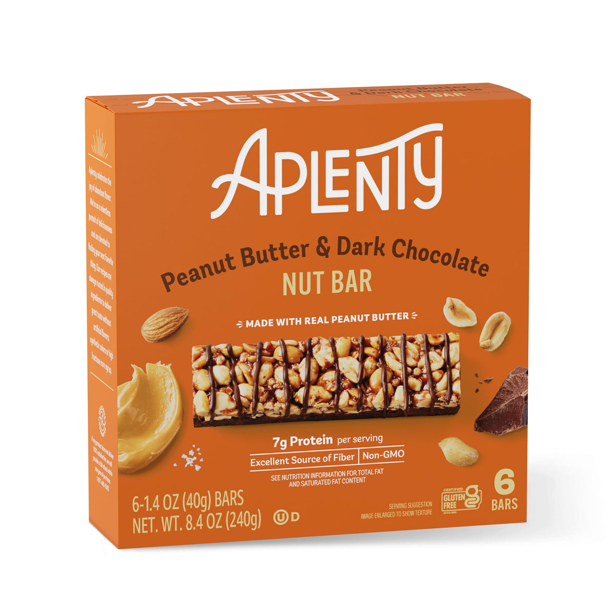 Aplenty dark chocolate peanut butter nut bar packaging shown for on-the-go snacking.