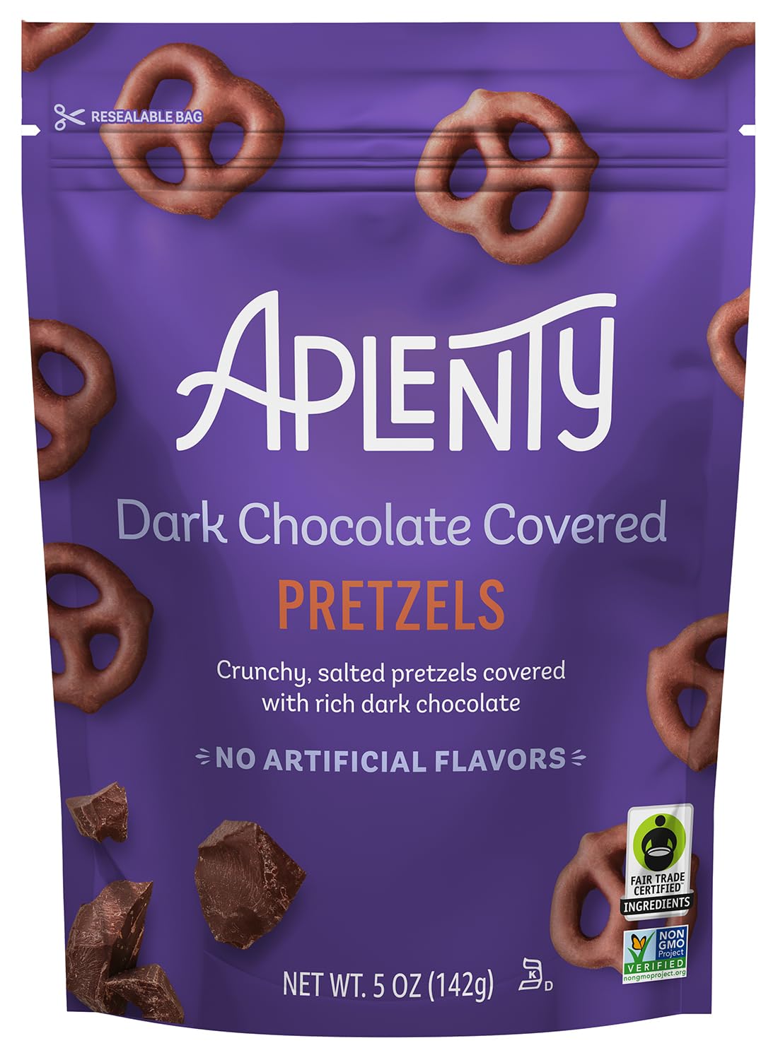 Aplenty Dark Chocolate Pretzels pack shot for shelf appeal and gift-ready presentation.