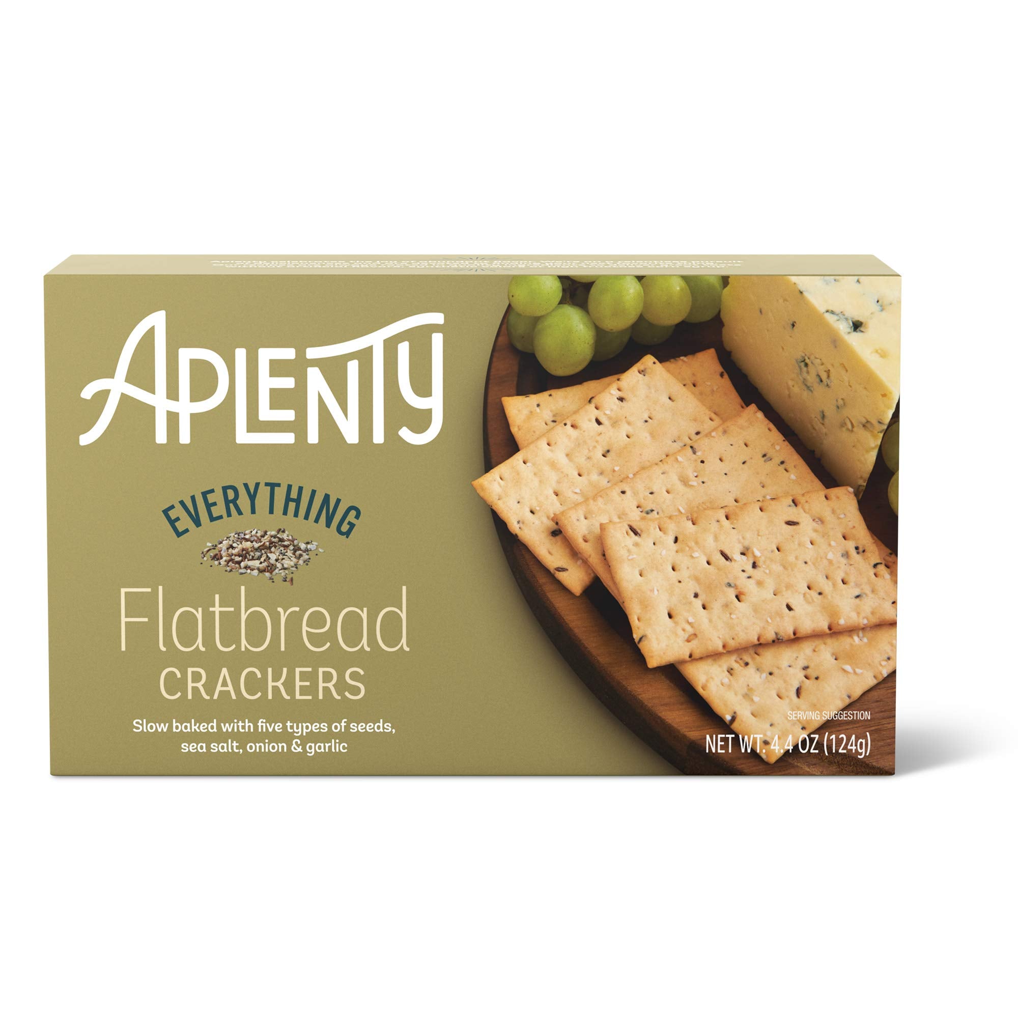 Aplenty Everything Flatbread Crackers package front—great for quick grazing and cheese boards.