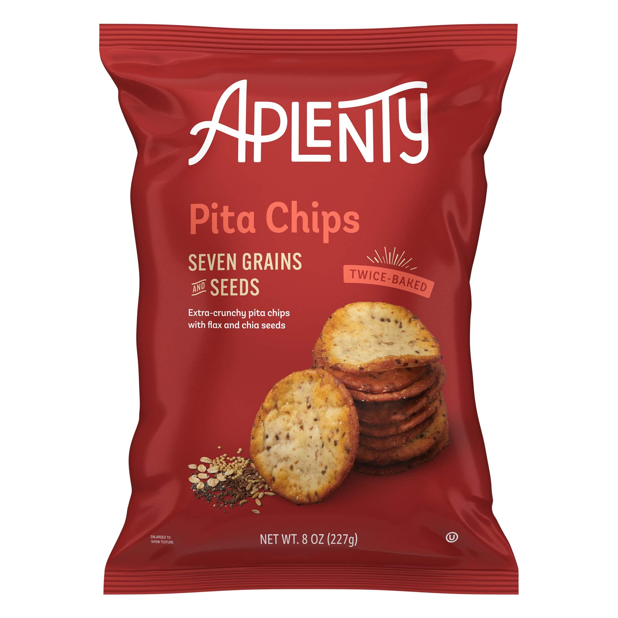 Aplenty Seven Grains pita chips bag front with bold crunch ready for sharing.