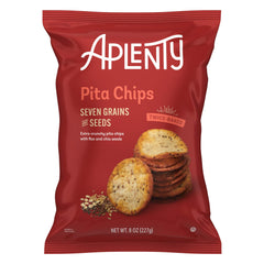 Aplenty Seven Grains pita chips bag front with bold crunch ready for sharing.