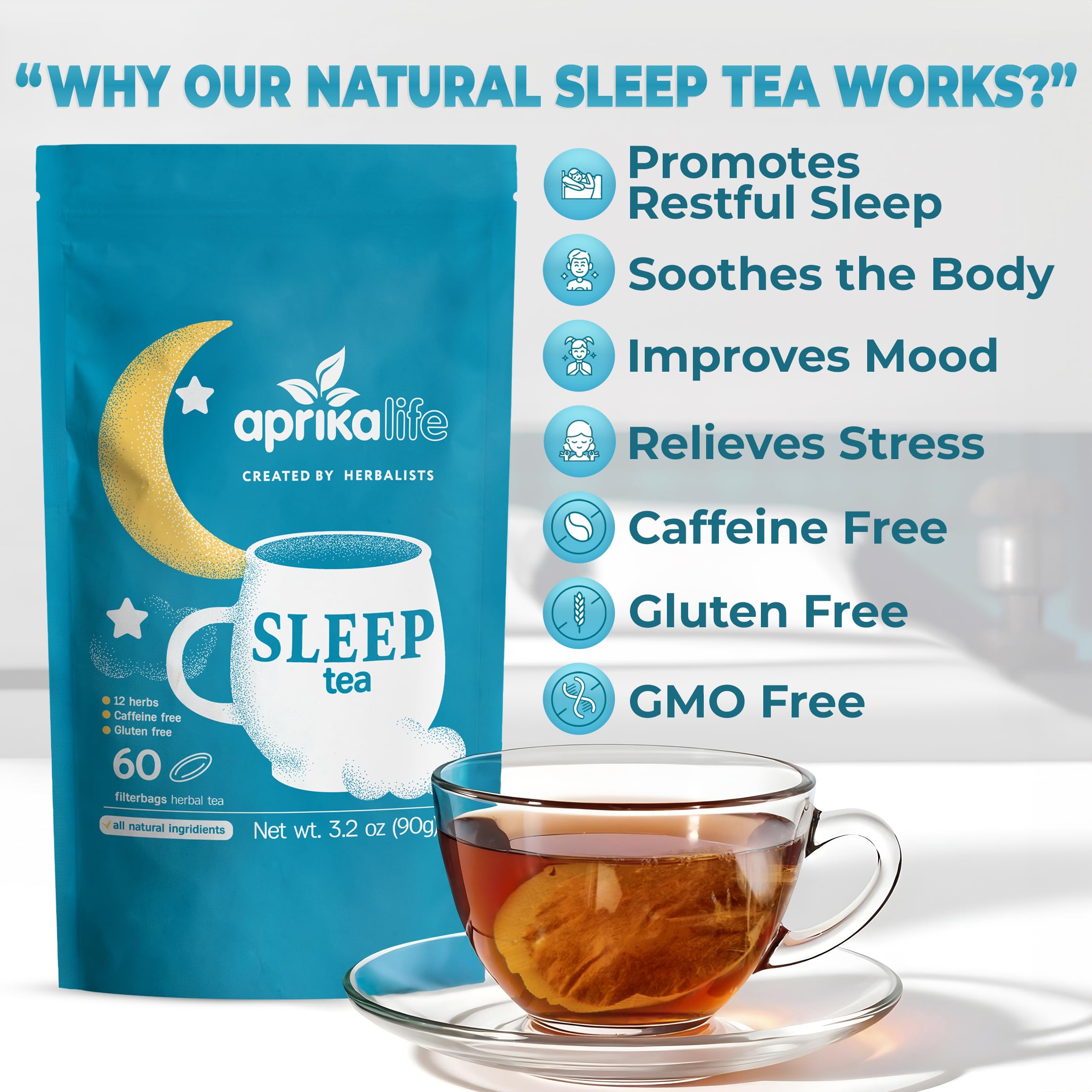 Cup of Aprika Life Sleep Tea with chamomile and lavender aroma