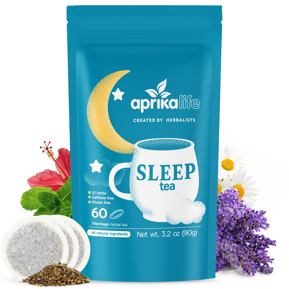 Aprika Life Sleep Tea packaging in a resealable pouch highlighting freshness
