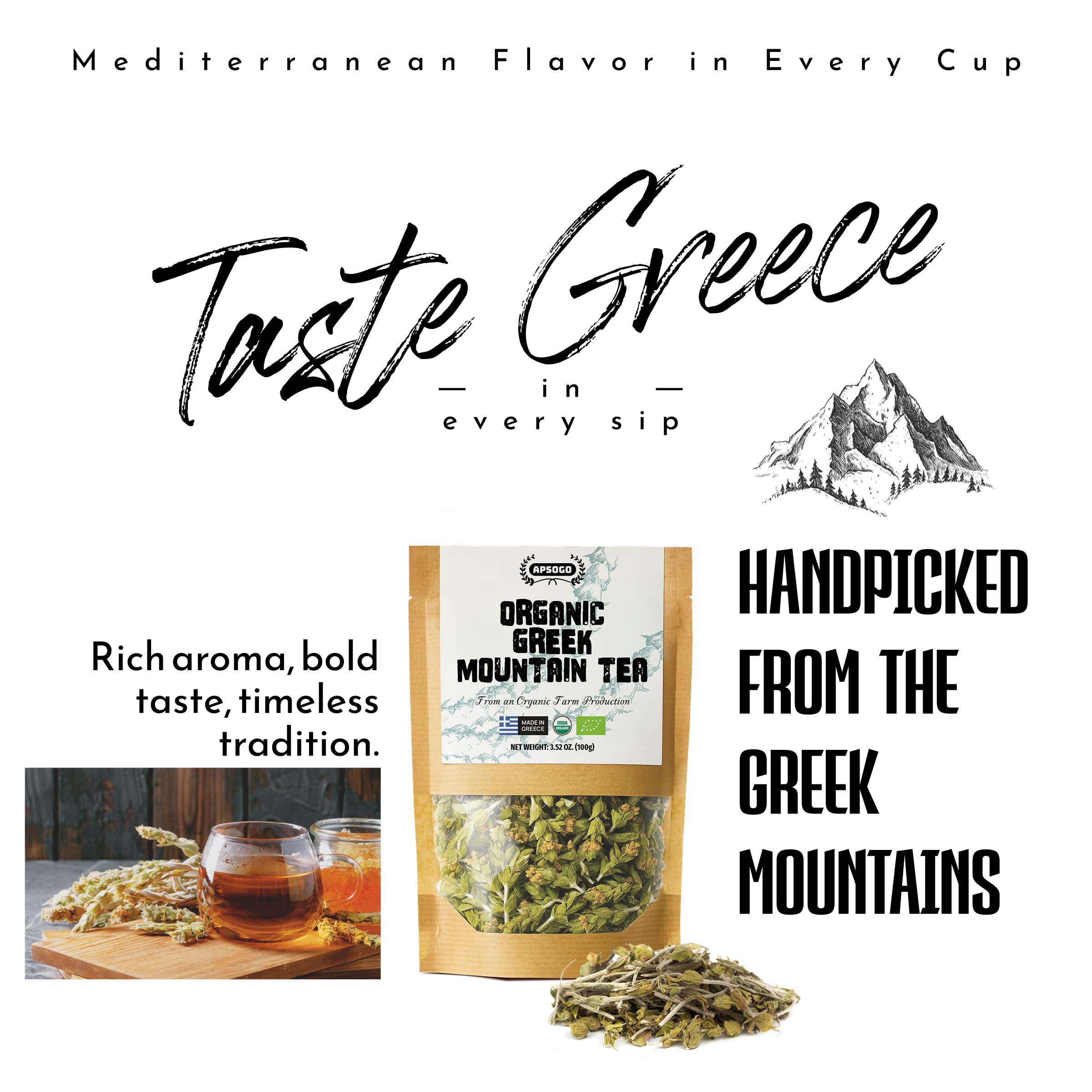 APSOGO Greek Mountain Tea packaging uses eco friendly renewable materials.