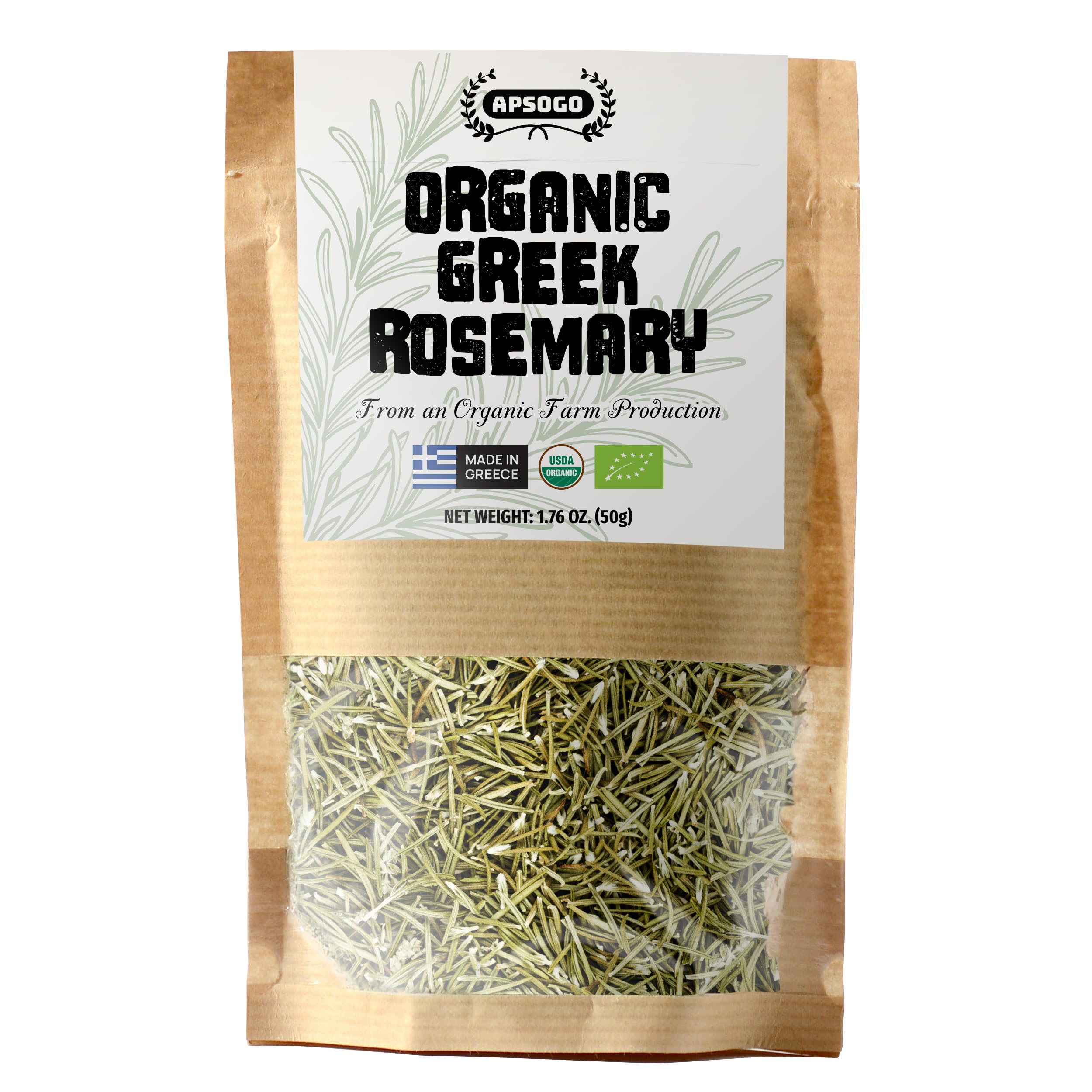 APSOGO organic dried rosemary leaves in resealable pouch for cooking and tea aroma