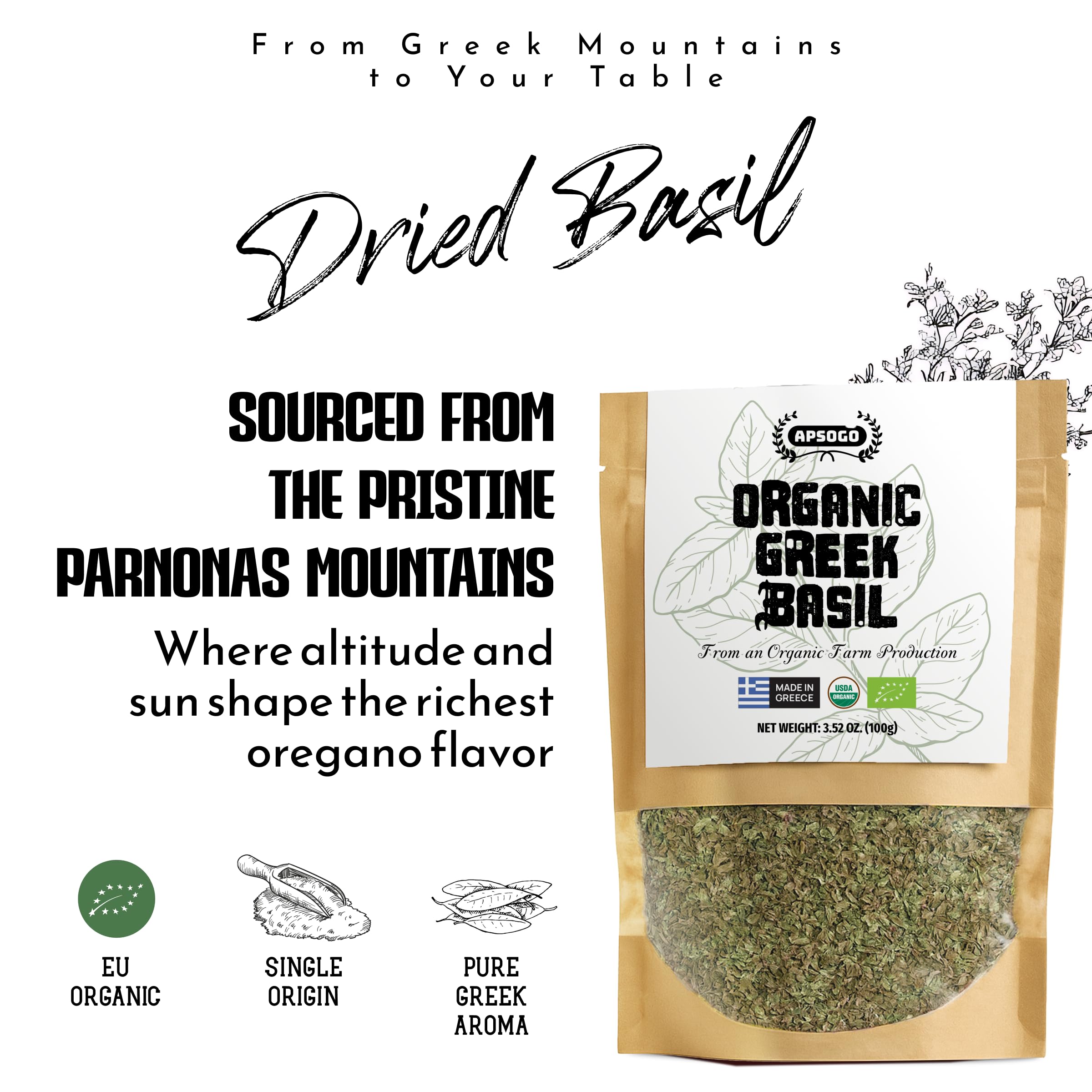 Apsogo organic Greek basil enhances pizza sauce with bright aroma