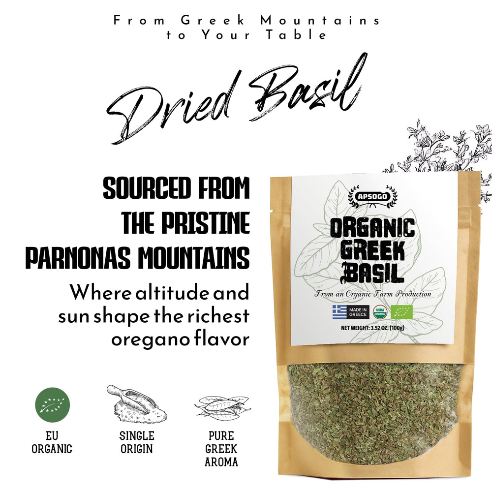 Apsogo organic Greek basil enhances pizza sauce with bright aroma