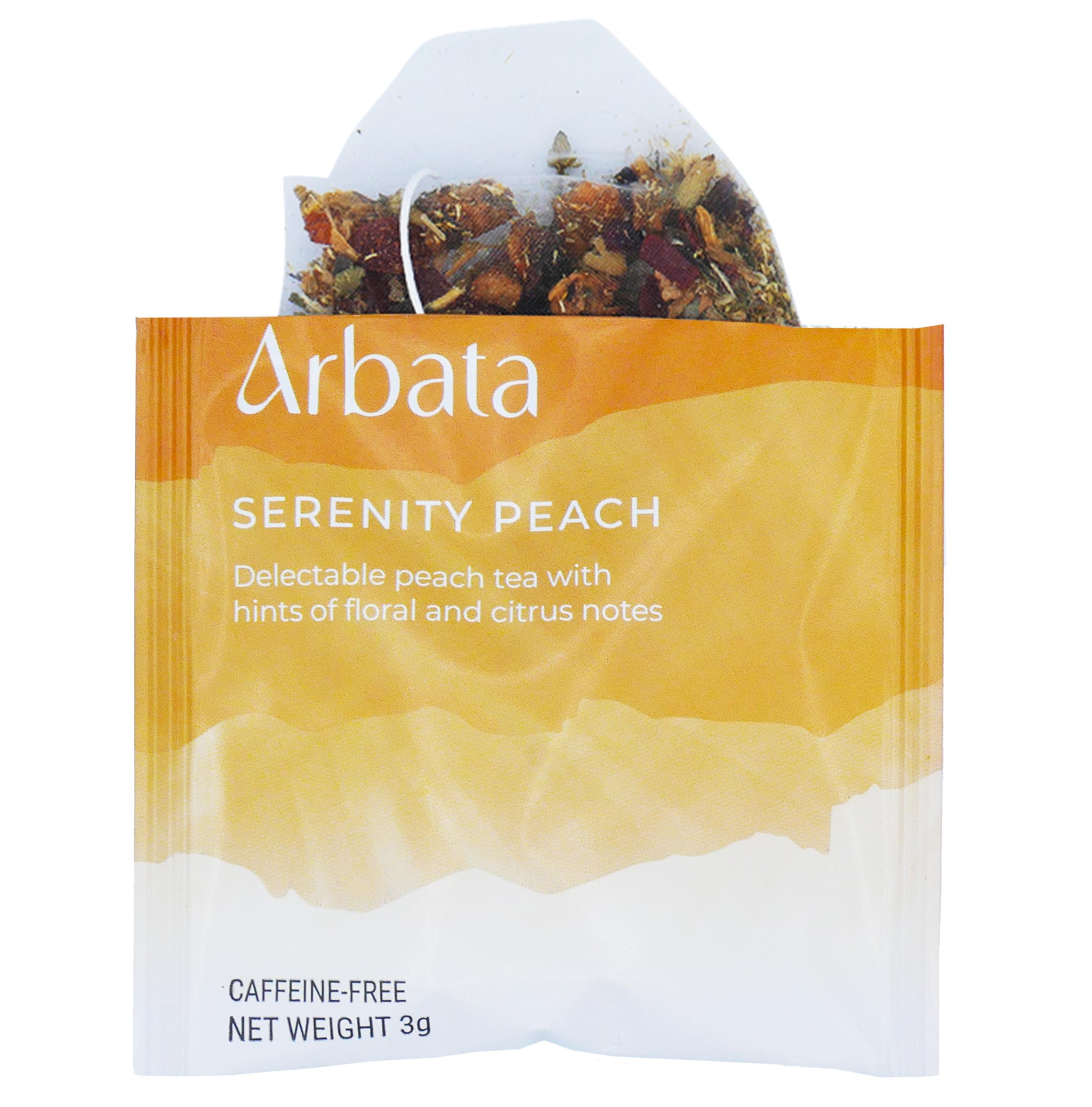 Arbata Serenity Peach Tea pyramid sachet steeping for a soothing ritual