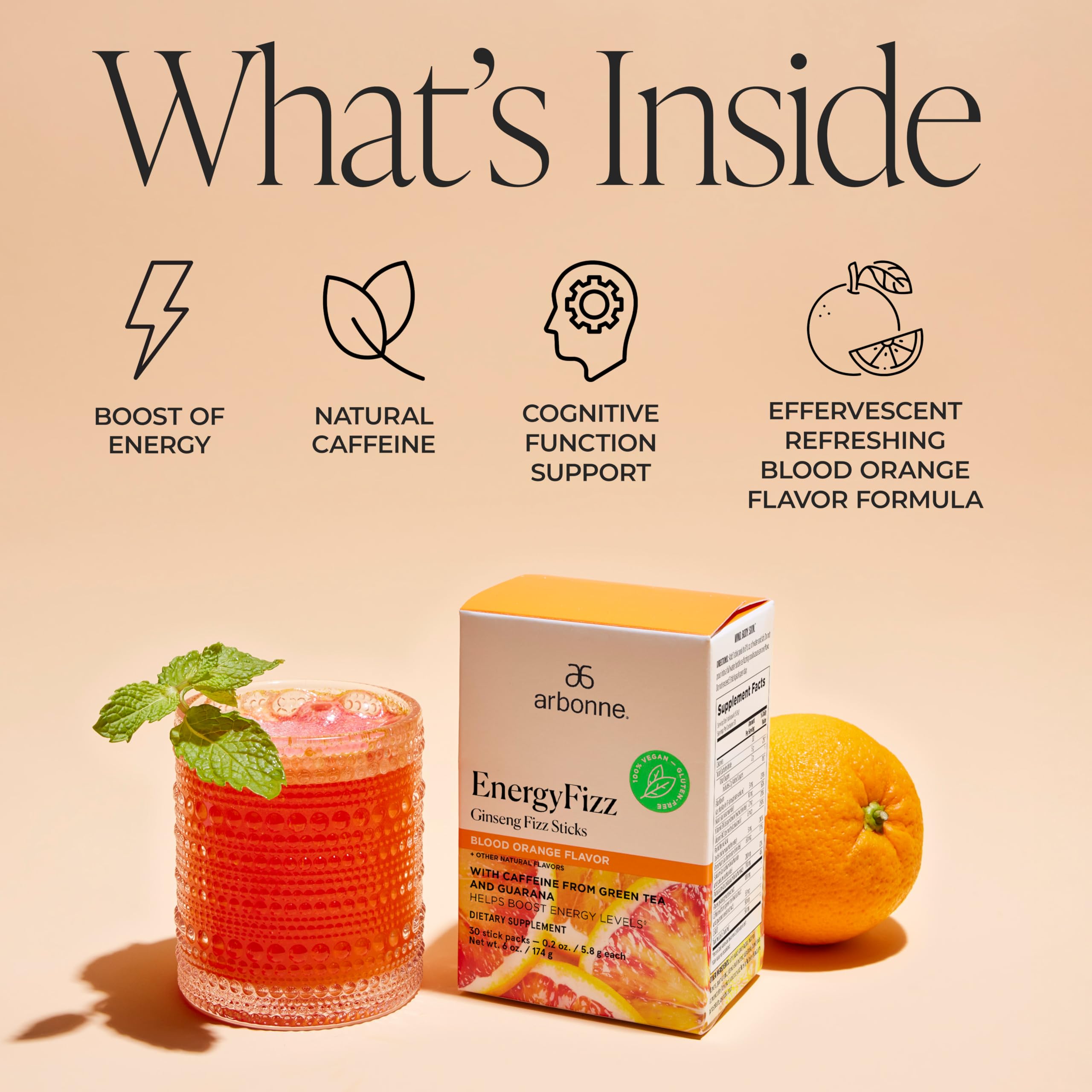 Close-up of Arbonne Energy Fizz label highlighting vegan ingredients