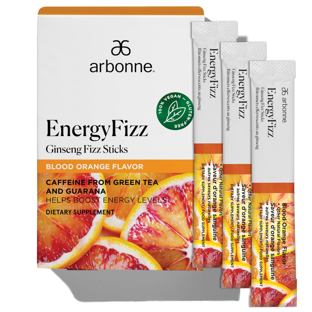 Arbonne Ginseng Energy Sticks blood orange pack offering a refreshing caffeine boost