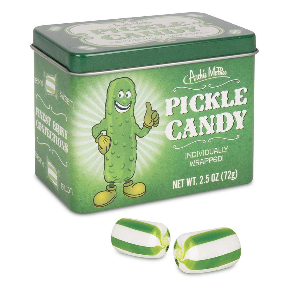 Archie McPhee Pickle Candy in Tin featuring an illustrated tin, a quirky collectible snack for novelty gifts.